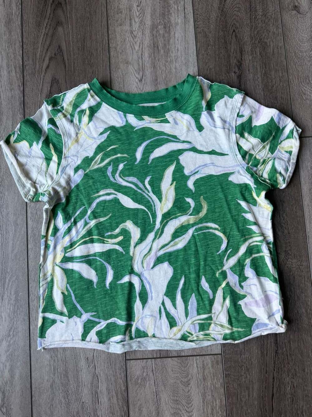 Maeve Green and White Floral Print Short Sleeve Crew Neck T-Shirt Size XXS